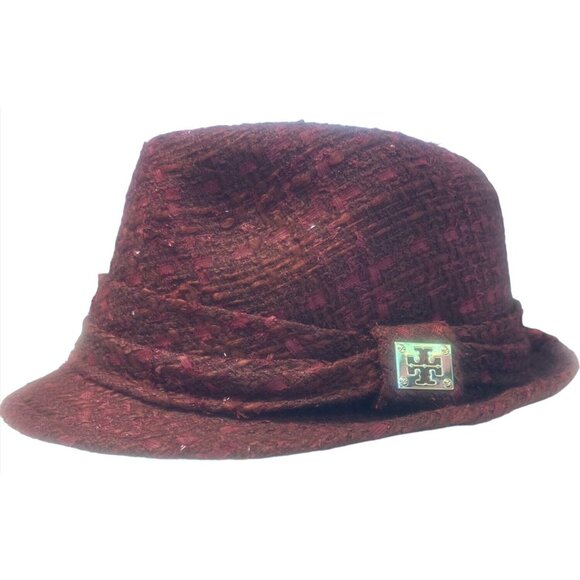 Tory Burch Burgundy & Red Glistening Tweed winter Fedora Hat Black Interior - Picture 1 of 6